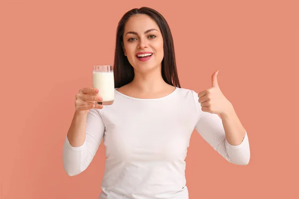 Beautiful Young Woman Glass Milk Showing Thumb Beige Background — Stock Photo, Image