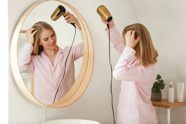 Pretty Young Woman Drying Hair Front Mirror — Stock Photo, Image