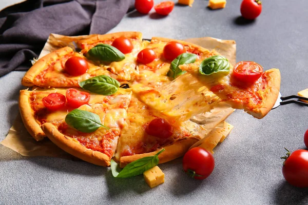 Baking Paper Tasty Pizza Margarita Grey Background — Stock Photo, Image