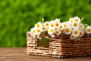 Dışarıdaki ahşap masada güzel papatya çiçekleri olan hasır sepet.
