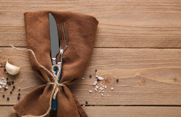 Silver Knife Fork Napkin Peppercorn Wooden Background — Stock Photo, Image