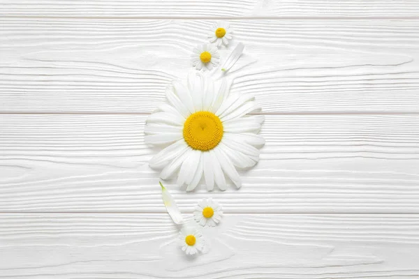 Composition Beautiful Chamomile Flowers Light Wooden Background — Stock Photo, Image