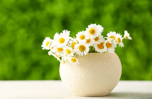 Vase Beautiful Chamomile Flowers White Table Outdoors — Stock Photo, Image