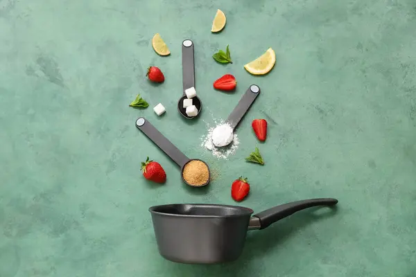 Saucepan Ingredients Preparing Strawberry Compote Green Background — Stock Photo, Image
