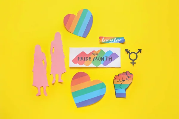 Kort Med Texten Happy Pride Month Papper Kvinnliga Figurer Och — Stockfoto
