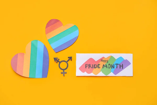 Kort Med Texten Happy Pride Month Transperson Symbol Och Hjärtan — Stockfoto