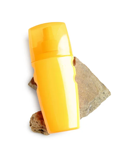 Bottle Sunscreen Cream Stones Isolated White Background — Stock Photo, Image