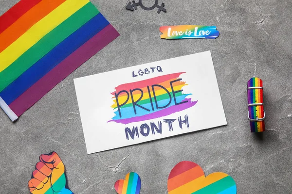 Kort Med Text Hbtq Pride Month Och Symboler Mörk Bakgrund — Stockfoto