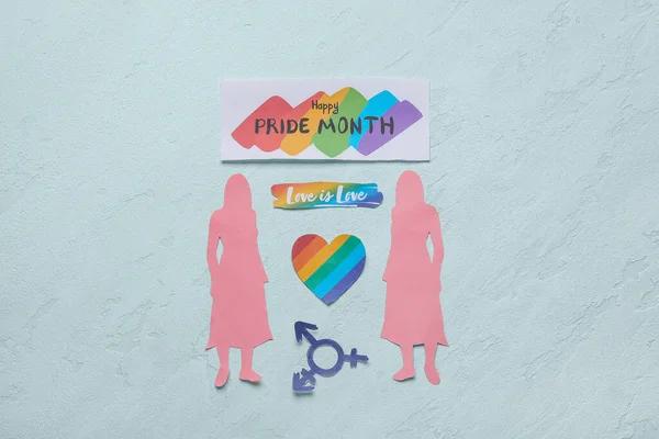 Kort Med Texten Happy Pride Month Papper Kvinnliga Siffror Hjärta — Stockfoto