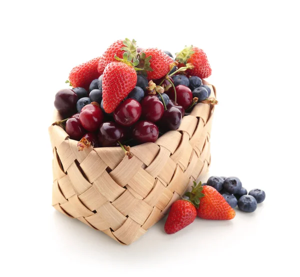 Wicker Basket Different Ripe Berries White Background — Stock Photo, Image