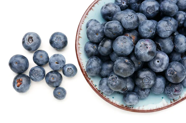 Plate Ripe Blueberry White Background Closeup — Stock Photo, Image