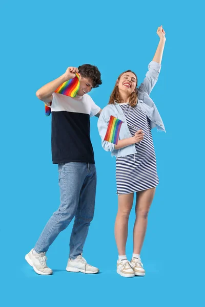 Happy Young Couple Lgbt Flags Blue Background — Stock Photo, Image