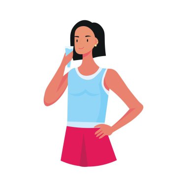 Beyaz arka planda bir bardak suyu olan kadın.