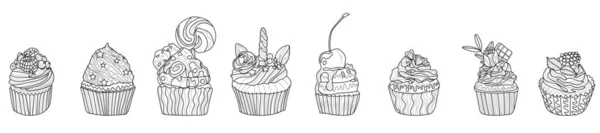 Set Van Getrokken Smakelijke Cupcakes Witte Achtergrond — Stockvector