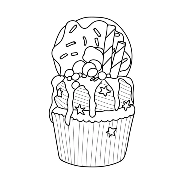 Disegnato Gustoso Cupcake Con Ciambella Sfondo Bianco — Vettoriale Stock
