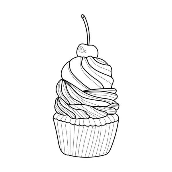 Cupcake Saboroso Desenhado Com Cereja Fundo Branco —  Vetores de Stock