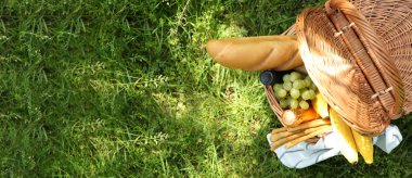 Park manzaralı romantik piknik için lezzetli yiyecek ve içeceklerle dolu bir sepet. Tasarım için pankart