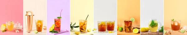 Zestaw Smacznej Zimnej Herbaty Tle Koloru — Zdjęcie stockowe