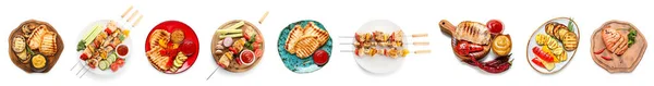 白い背景でピクニックのためのおいしい食べ物のセット トップビュー — ストック写真