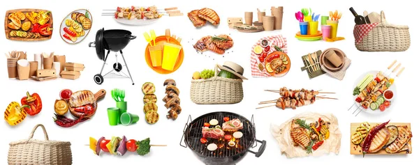 Collage Für Picknick Mit Accessoires Und Leckerem Essen Auf Weißem — Stockfoto