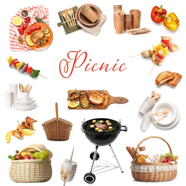 stock image Collection for picnic with accessories and tasty food on white background