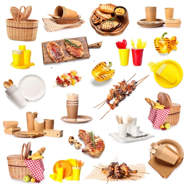 Set Für Picknick Mit Zubehör Und Leckerem Essen Auf Weißem — Stockfoto