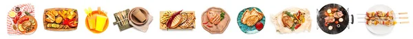 배경에는 식기류 바베큐 맛있는 음식을 곁들인 피크닉 보이는 — 스톡 사진