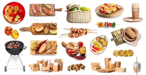 Collage Picnic Accessories Tasty Food White Background — Stock Photo, Image