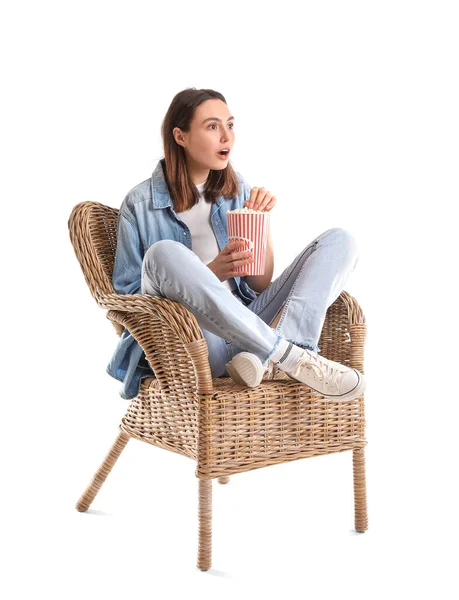 Shocked Young Woman Popcorn Watching Movie Wicker Armchair White Background — Stock Photo, Image
