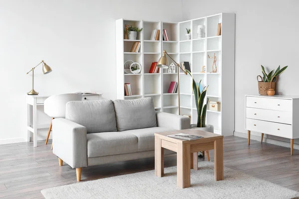 Interior Light Living Room Grey Couch Table Shelving Unit — Stock Photo, Image