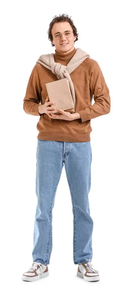 Junger Mann Mit Büchern Auf Weißem Hintergrund — Stockfoto