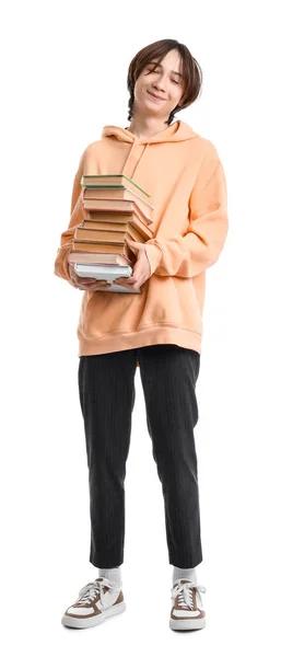Ragazzo Adolescente Con Libri Sfondo Bianco — Foto Stock