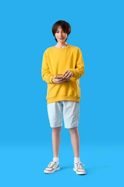 Teenage Boy Book Blue Background — Stock Photo, Image
