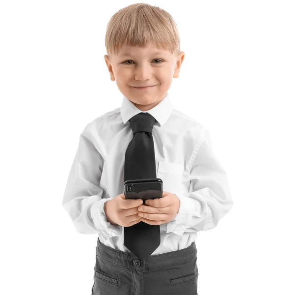 Engraçado Pequeno Homem Negócios Usando Telefone Celular Fundo Branco — Fotografia de Stock