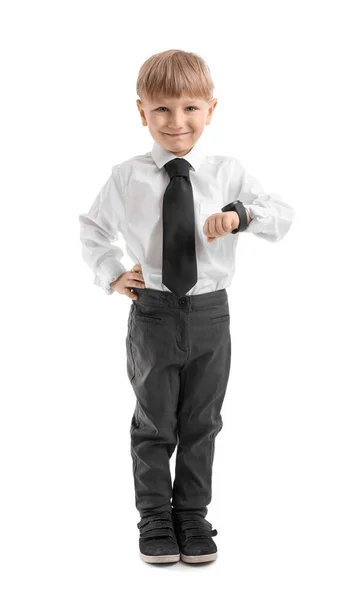 Веселий Маленький Бізнесмен Розумним Годинником Білому Тлі — стокове фото
