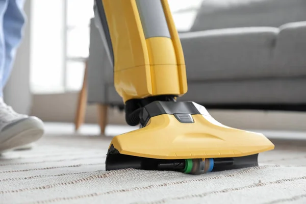 Young Woman Hoovering Carpet Home Closeup — Stock Photo, Image