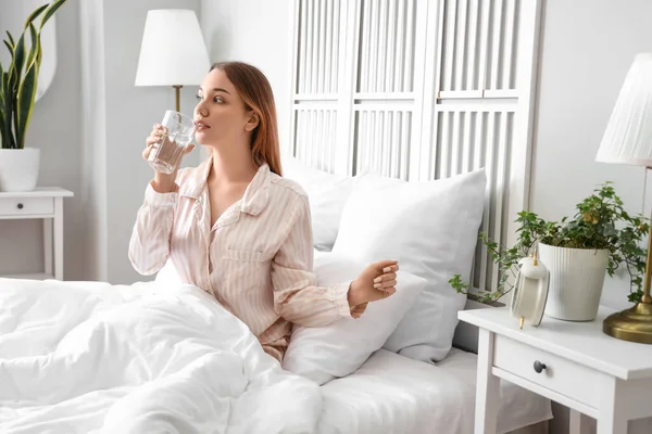 Young Woman Drinking Water Bed Morning — Stock Photo, Image