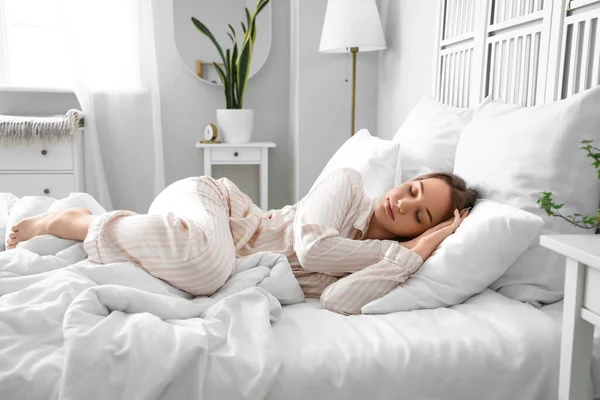 Young Woman Sleeping Bed Morning — Stok fotoğraf