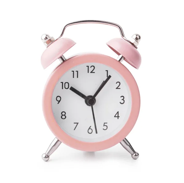 Relógio Alarme Rosa Fundo Branco — Fotografia de Stock