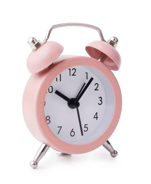 Relógio Alarme Rosa Fundo Branco — Fotografia de Stock