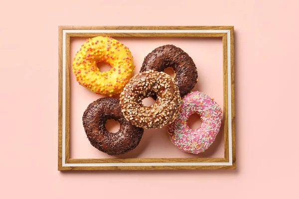 Moldura Donuts Doces Fundo Rosa — Fotografia de Stock
