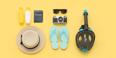 Dalış maskeli plaj aksesuarları, sarı arka planda pasaport ve fotoğraf makinesi.