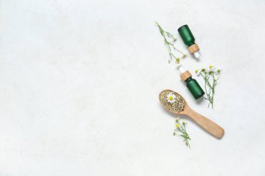 Temel yağ şişeleri, kurumuş ve açık arkaplanda taze papatya çiçekleri olan kompozisyon