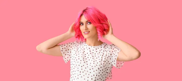 Stylish Woman Bright Hair Pink Background — Stock Photo, Image