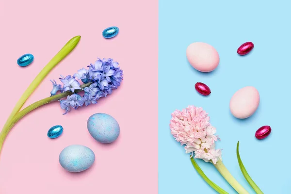 Composizione Con Bellissimi Fiori Giacinto Uova Pasqua Sfondo Colorato — Foto Stock