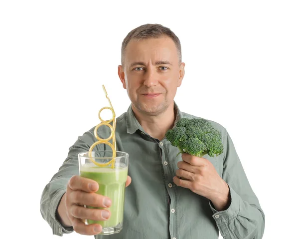 Mature Man Glass Vegetable Smoothie Broccoli White Background — Stock Photo, Image