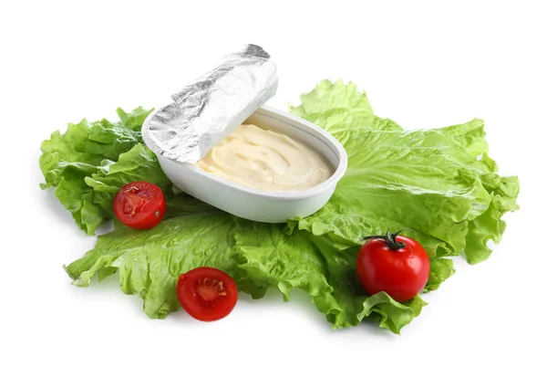 Box Processed Cheese Lettuce Tomatoes Isolated White Background — Stock Photo, Image