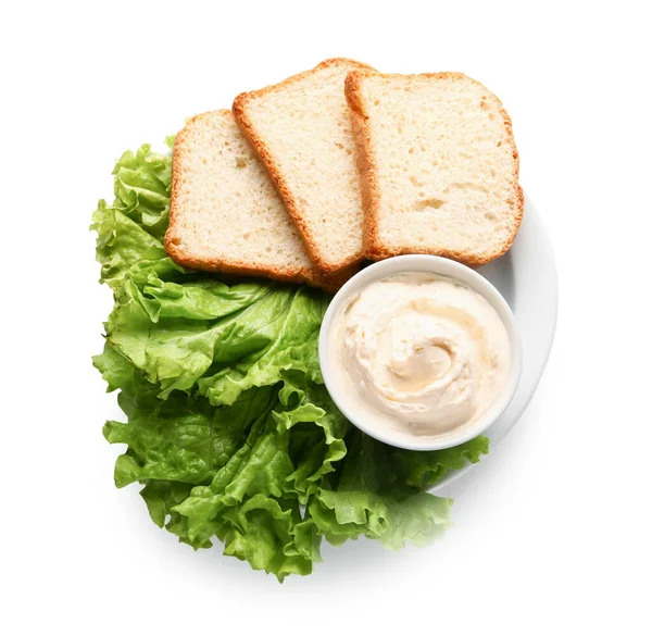 Bowl Tasty Cream Cheese Bread White Background — Stock Photo, Image