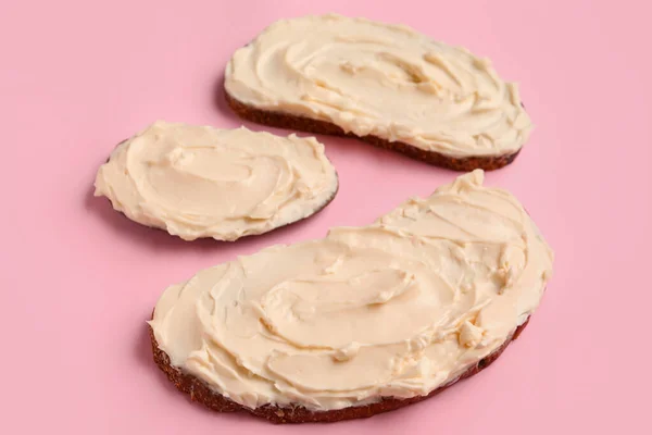 Tasty Sandwiches Cream Cheese Pink Background — Stock Photo, Image