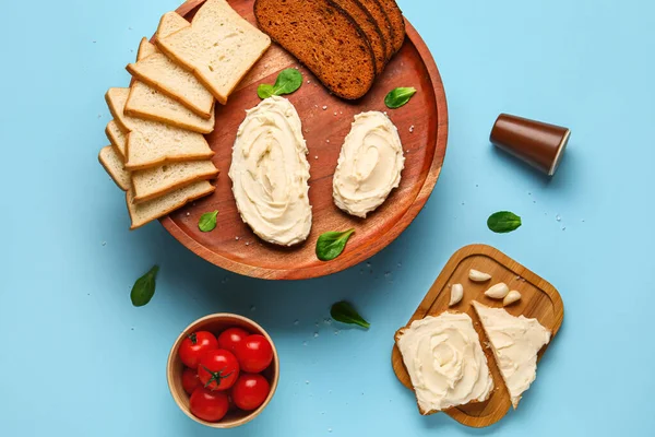 Tasty Sandwiches Toasts Cream Cheese Blue Background — Stock Photo, Image
